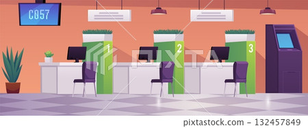 Bank office interior with ATM, automated teller machine, queue scoreboard, vector reception and customer service desk Bank office interior with ATM, automated teller machine, queue scoreboard, vector reception and customer service desk 132457849