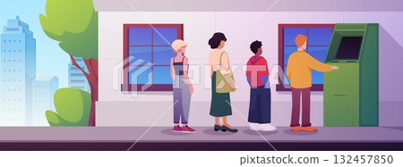 Characters queuing at an ATM, city street interior, road, building with windows, trees. Characters queuing at an ATM, city street interior, road, building with windows, trees. 132457850