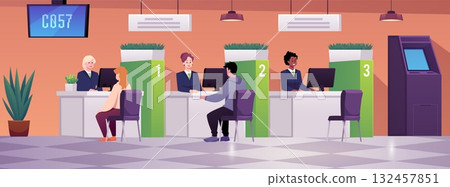 Bank office interior with characters sitting at staff desks, information board, and flowers. 132457851