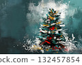 A Christmas tree decorated in a modern, abstract style with bold strokes of green, white,red,teal, silver, gold 132457854