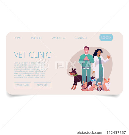 Veterinary clinic website page with doctors and sick animals. 132457867