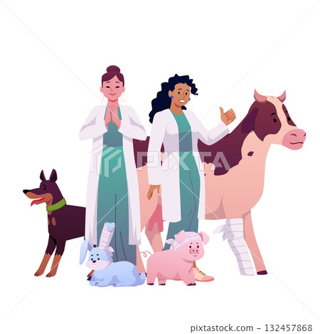Veterinarian doctors with sick animals, vector wounded rabbit, dog, cow, pig and rabbit with bandage, Vet clinic Veterinarian doctors with sick animals, vector wounded rabbit, dog, cow, pig and rabbit with bandage, Vet clinic 132457868