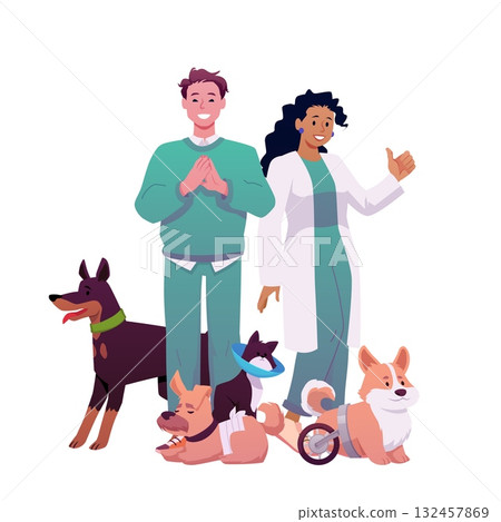 Smiling veterinarians with sick pets, care, treatment, and assistance. Smiling veterinarians with sick pets, care, treatment, and assistance. 132457869