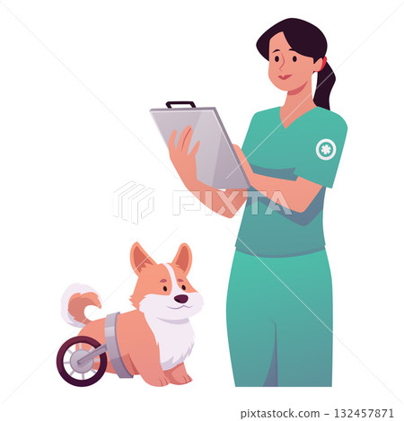A female veterinarian observes a disabled dog with wheels. 132457871