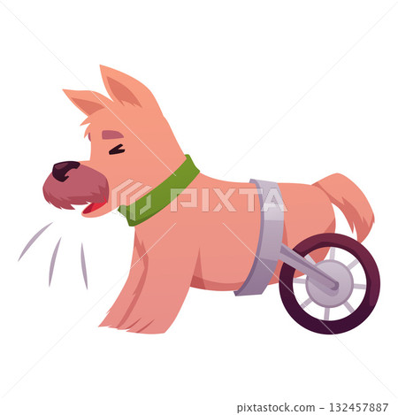 Disabled dog, sick brown puppy in wheelchair for the hind paws, vector cartoon handicapped animal pet, veterinary Disabled dog, sick brown puppy in wheelchair for the hind paws, vector cartoon handicapped animal pet, veterinary 132457887