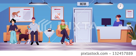 Vet clinic vector illustration, cartoon sick dogs and cats with the owners waiting for a veterinary doctor consultation Vet clinic vector illustration, cartoon sick dogs and cats with the owners waiting for a veterinary doctor consultation 132457889