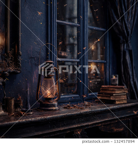 A witch's room in muted colors with lanterns lit, just like in Halloween or fantasy movies. 132457894