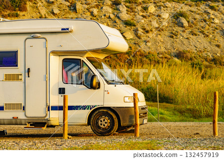 Rv camper camping on nature, Spain. 132457919