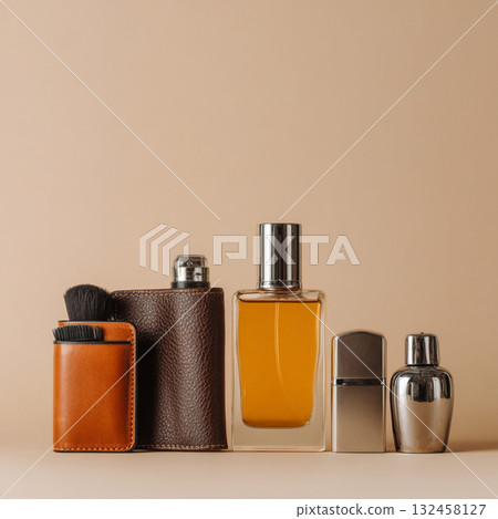 Mens Grooming and Skincare Set on Calming Background  Minimalist Beauty Concept 132458127