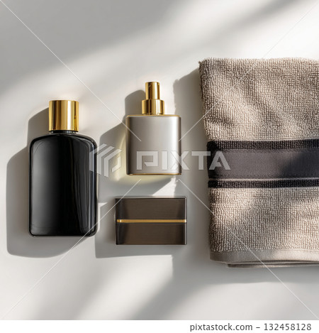 Mens Grooming and Skincare Set on Calming Background  Minimalist Beauty Concept 132458128