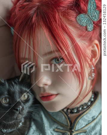 A young woman with red hair wearing a Chinese dress leaning her face against a black cat A young woman with red hair wearing a Chinese dress leaning her face against a black cat 132458129