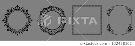 Set of decorative frames Elegant vector element for design in Eastern style, place for text. Floral black and gray borders. Lace illustration for invitations and greeting cards Set of decorative frames Elegant vector element for design in Eastern style, place for text. Floral black and gray borders. Lace illustration for invitations and greeting cards 132458162