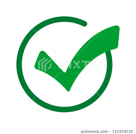 Green circular check mark on white background 132458538
