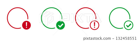 Red and green circular progress icons with check and exclamation marks 132458551
