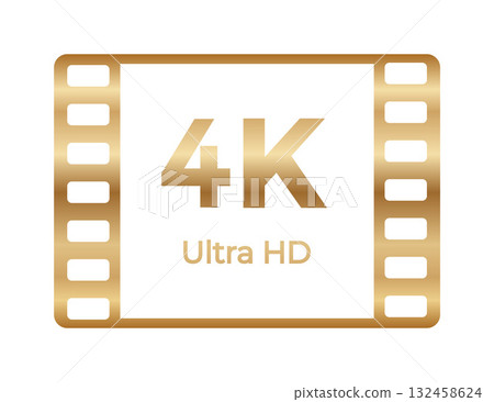 4k ultra hd icon with gold filmstrip design for high-quality video content 132458624