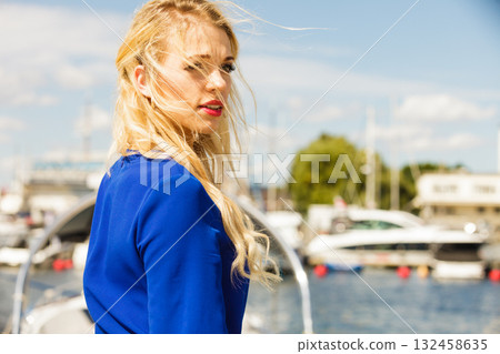 Fashion model wearing blue navy shirt 132458635