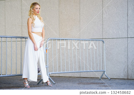 Woman wearing crop top and culottes 132458682
