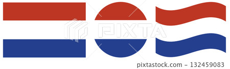 Round Netherlands flag in circle, shape. Netherlands flag button. Waving flag of Netherlands isolated.. 132459083
