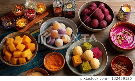 Top-down view of colorful Indian sweets and candles arranged for a festive celebration. The image symbolizes Diwali joy, cultural richness, and the spirit of togetherness Top-down view of colorful Indian sweets and candles arranged for a festive celebration. The image symbolizes Diwali joy, cultural richness, and the spirit of togetherness 132459120