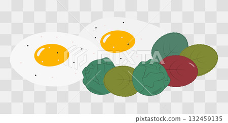 Seasoned Fried Eggs with yolk and Salad leaves and Brussels Sprouts Breakfast Minimalist Flat Design 132459135