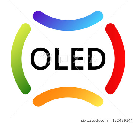 Oled technology abstract symbol with vibrant colored arcs on white background 132459144