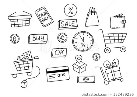 Set of hand drawn shopping and e-commerce icons including carts, bags, wallets and sale signs 132459256
