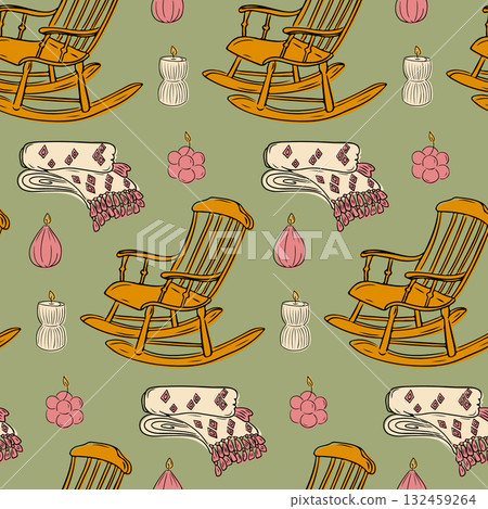 Seamless hand drawn pattern with rocking chairs, candles, and cozy blankets on a muted background Seamless hand drawn pattern with rocking chairs, candles, and cozy blankets on a muted background 132459264
