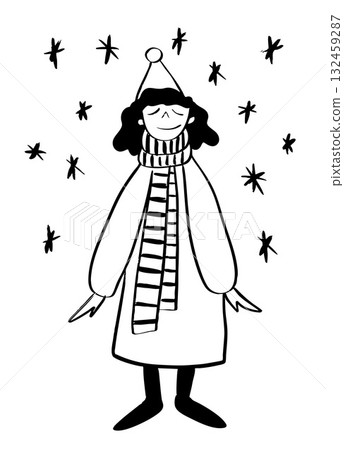 Vector doodle illustration of a girl standing in a coat under snowfall. Winter, snow, coziness. Vector doodle illustration of a girl standing in a coat under snowfall. Winter, snow, coziness. 132459287