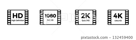 Resolution icons for hd, full hd, 2k, and 4k display quality Resolution icons for hd, full hd, 2k, and 4k display quality 132459400