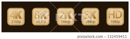 Hd resolution icons: 4k, 8k, 2k, 5k, hd display standards Hd resolution icons: 4k, 8k, 2k, 5k, hd display standards 132459411