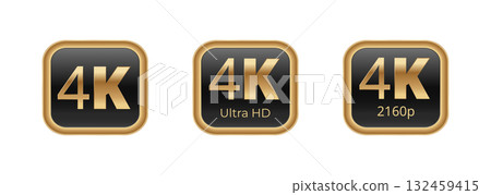 4k ultra hd 2160p gold icons: high-resolution video symbols 132459415