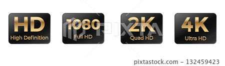 Comparison of hd, full hd, 2k, and 4k display resolution icons 132459423