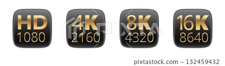 Hd 1080, 4k 2160, 8k 4320, 16k 8640 display resolution icons 132459432