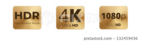 Gold badges highlighting hdr, 4k ultra hd, and 1080p full hd quality 132459436