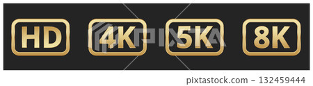 Gold hd 4k 5k 8k resolution icons on black background 132459444