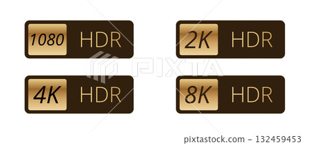 Resolution hdr labels: 1080, 2k, 4k, and 8k display quality icons 132459453