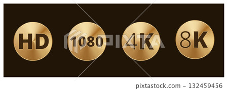 Gold circular symbols: hd, 1080, 4k, 8k video resolution icons on black Gold circular symbols: hd, 1080, 4k, 8k video resolution icons on black 132459456
