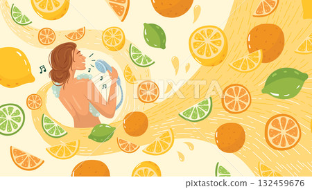 A girl sings in the shower, splashed with juice. Flying lemon and orange in fresh citrus juicy. 132459676