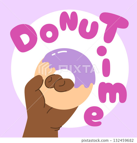 Hand of black baby holds pastry. Donut time Vector illustration 132459682
