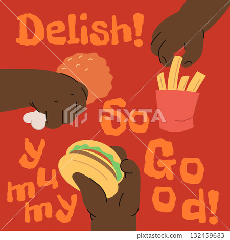 Set of black children hands holding nuggets, hamburger and french fries on bright background Set of black children hands holding nuggets, hamburger and french fries on bright background 132459683