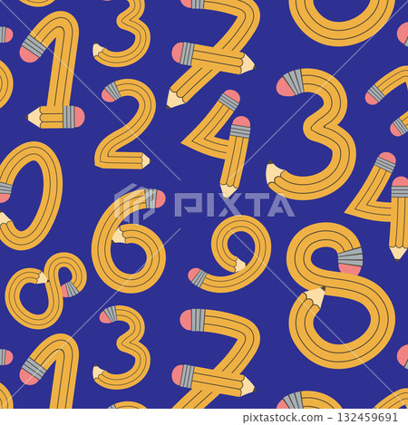 Seamless pattern ute funky twisted flexible pencils bent into in numbers from 0 to 9. Funky flexible school supplies. Vector illustration Seamless pattern ute funky twisted flexible pencils bent into in numbers from 0 to 9. Funky flexible school supplies. Vector illustration 132459691