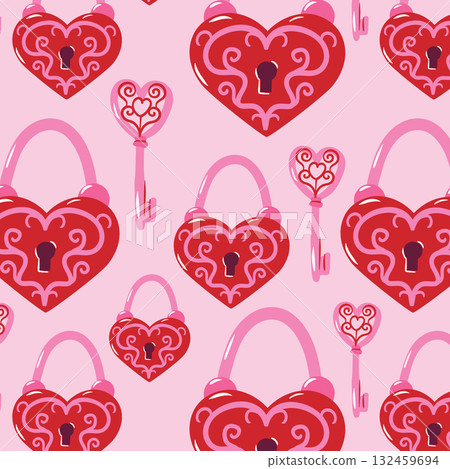 Seamless pink and red pattern with hand drawn heart shaped love lock and key. Romantic Valentines Day or wedding design. Vector background Seamless pink and red pattern with hand drawn heart shaped love lock and key. Romantic Valentines Day or wedding design. Vector background 132459694