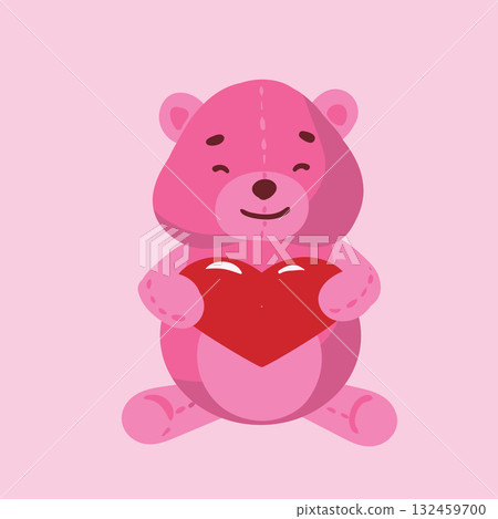Cute pink bear holding love heart. Adorable animal and valentines day concept design. Vector art illustration. 132459700