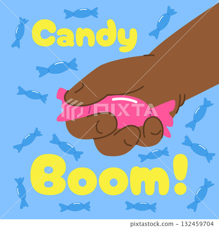Black baby hand with lollipop, candy on blue background. Vector illustration Black baby hand with lollipop, candy on blue background. Vector illustration 132459704