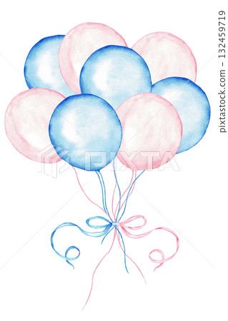 Pastel blue and pink balloons for celebratory decoration and events. Watercolor illustration for gender reveal party, baby shower, birthday, baptism, boy or girl party. For invitation, card, poster 132459719