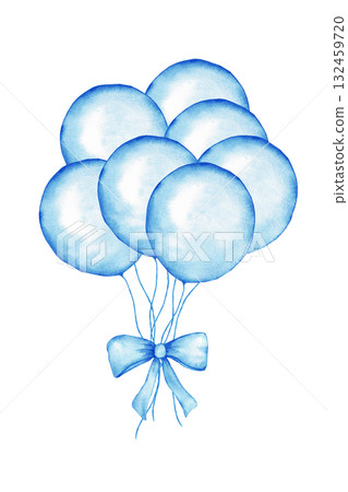 Elegant blue balloons with ribbon for celebrations and decoration. Hand drawn illustartion for gender reveal party, baby shower, birthday, baptism, boy or girl party. For invitation, card, banner 132459720