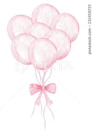 Elegant pink balloons with a bow for celebrations and events. Isolated illustration for gender reveal party, baby shower, birthday, baptism, boy or girl party. For invitation, card. Hand drawn 132459725
