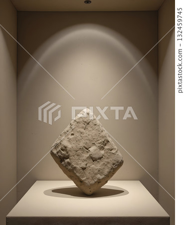 Museum display of an ancient, weathered stone. Museum display of an ancient, weathered stone. 132459745