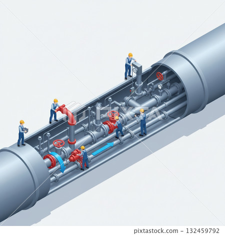 Vector illustration of industrial pipeline cross-section with engineers inspecting and repairing valves. Concept of maintenance and energy flow system. Vector illustration 132459792