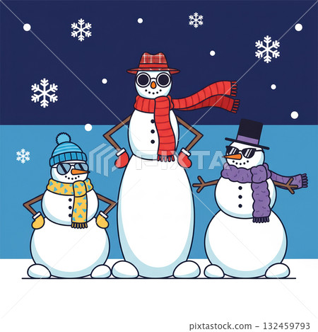 Cute cartoon vector of three snowmen wearing scarves and hats in snowy winter scene. Fun festive illustration perfect for Christmas and holiday design. Vector illustration Cute cartoon vector of three snowmen wearing scarves and hats in snowy winter scene. Fun festive illustration perfect for Christmas and holiday design. Vector illustration 132459793